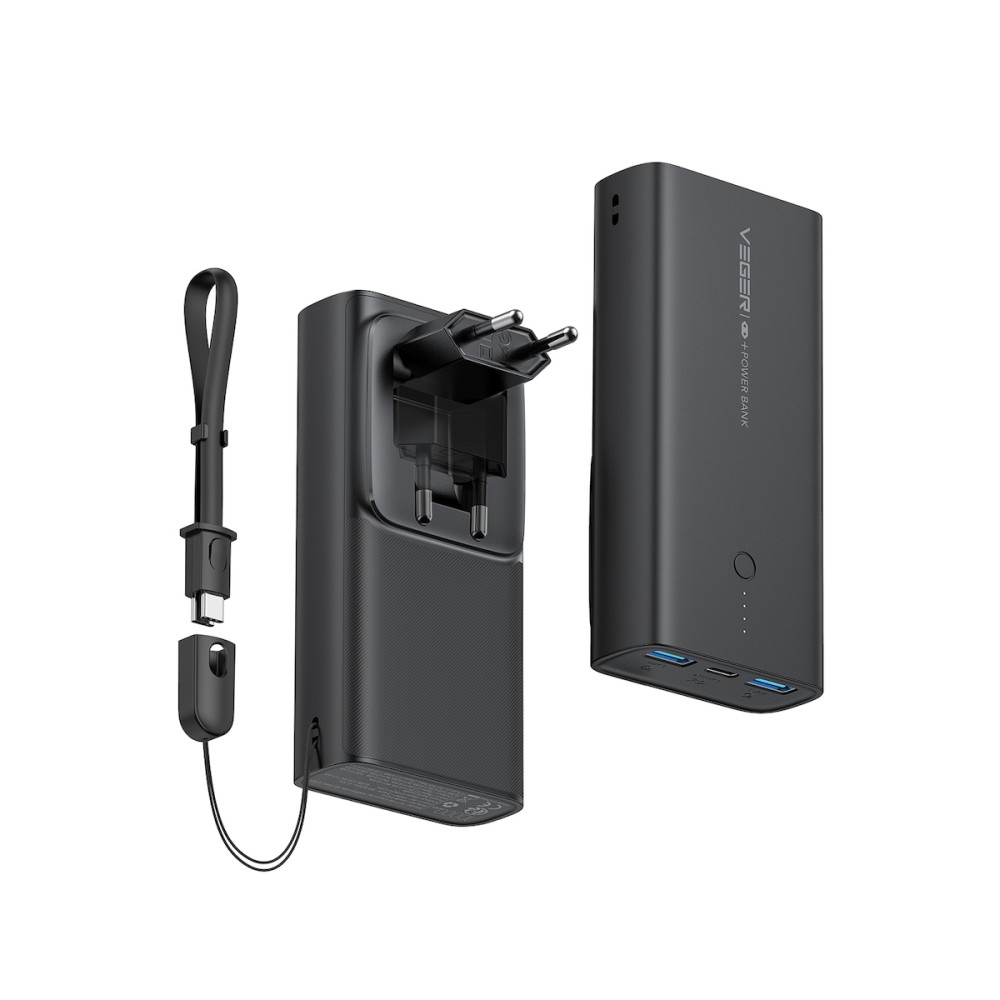 Veger ACE100 Power Bank 10000mAh | 2 x USB + Type-C @ 20W Output | Με ενσωματωμένο βύσμα ρεύματος!